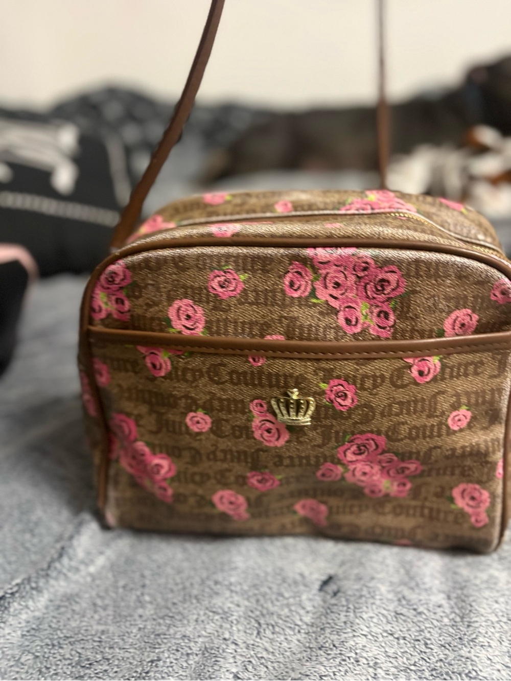 Juicy Couture Brown Crossbody Bag with Pink Rose Print and Gold Crown